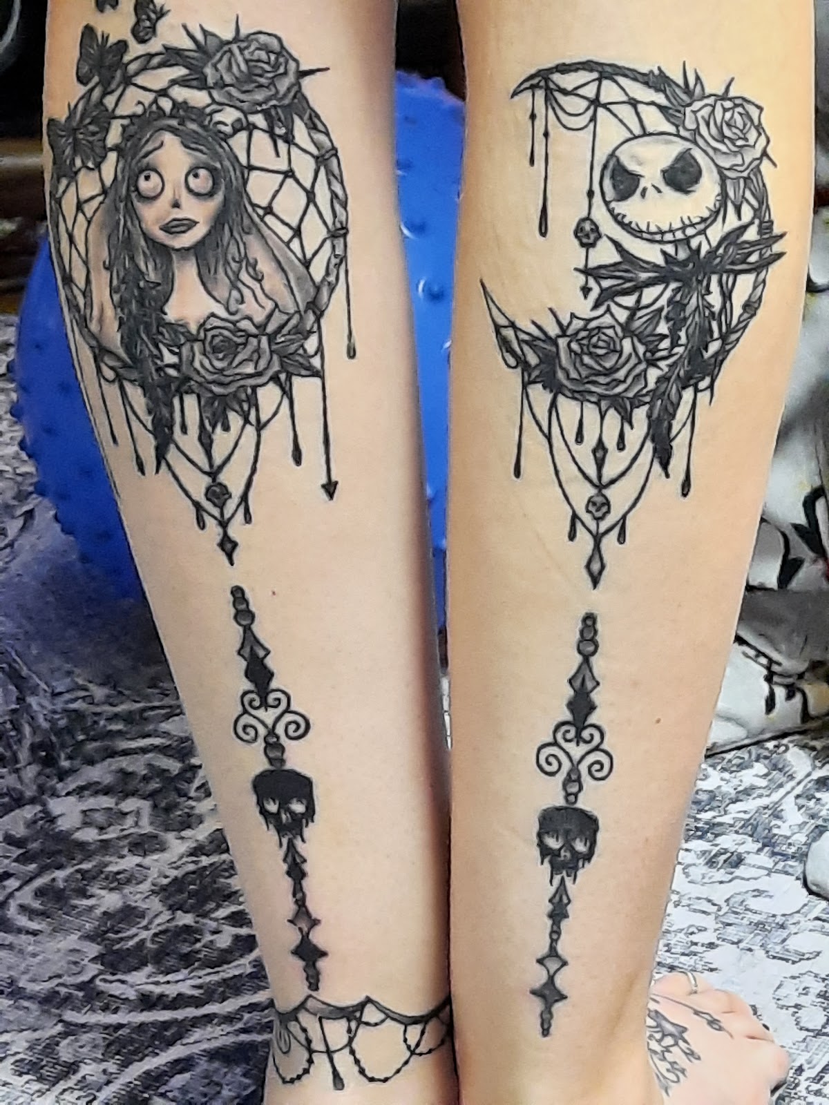 Blackwork leg pieces tattoo by Coffin City Tattoo